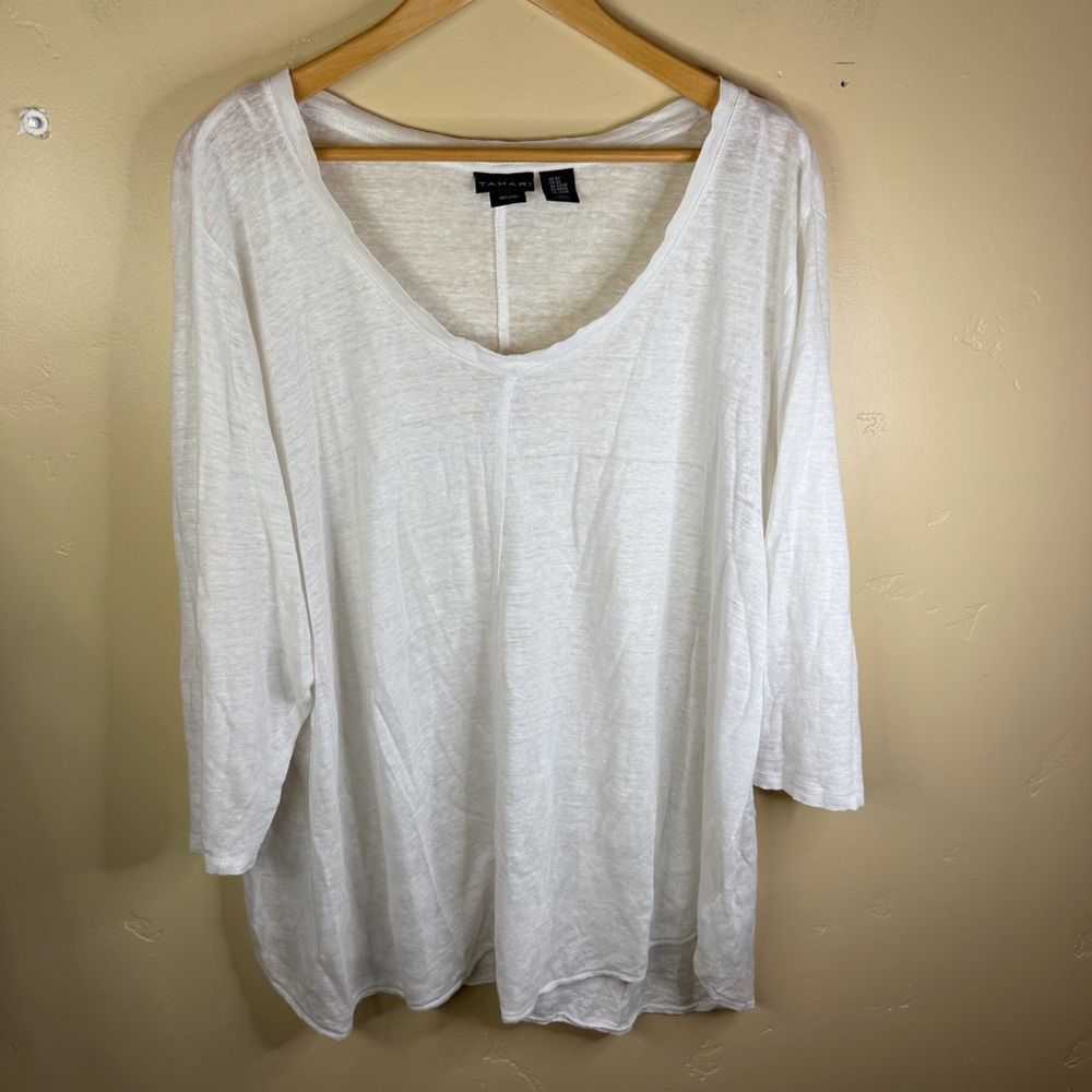 Tahari Womens 2X Linen 100%‎ Flowy Basic White T-Shirt 3/4 Sleeve Length Classic